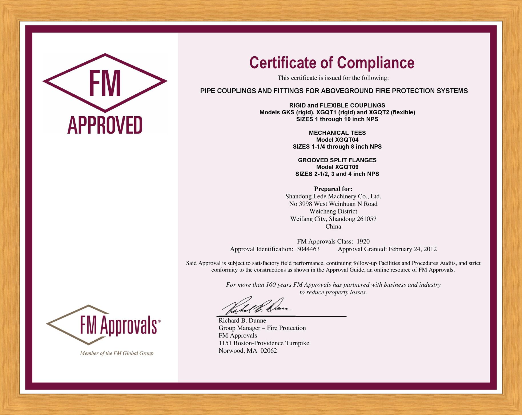 FM Approved sertificate (Couplings, Mechanical tees, Flanges), 2012