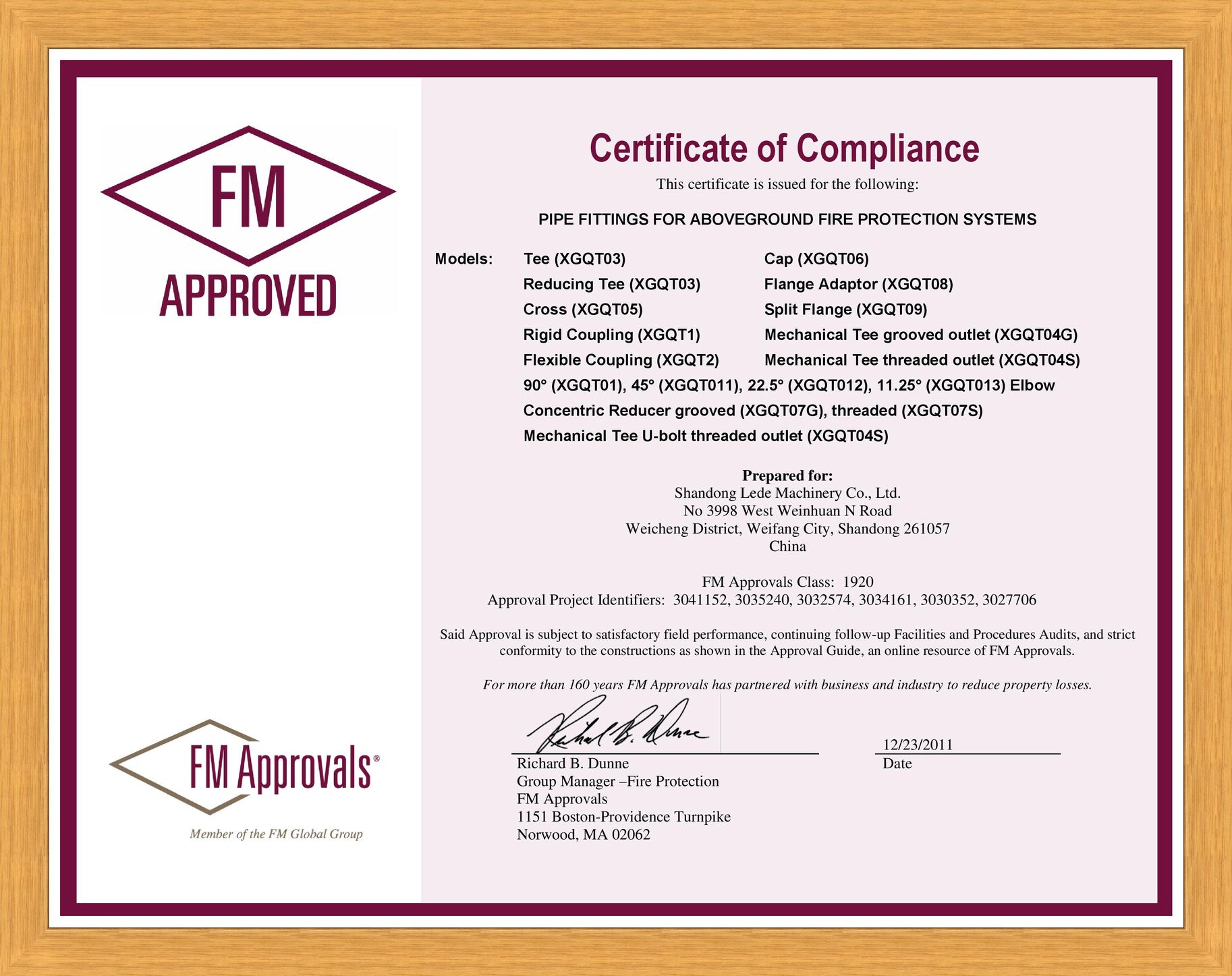 FM Approved sertificate (Fittings and Mechanical tees, Flanges), 2011