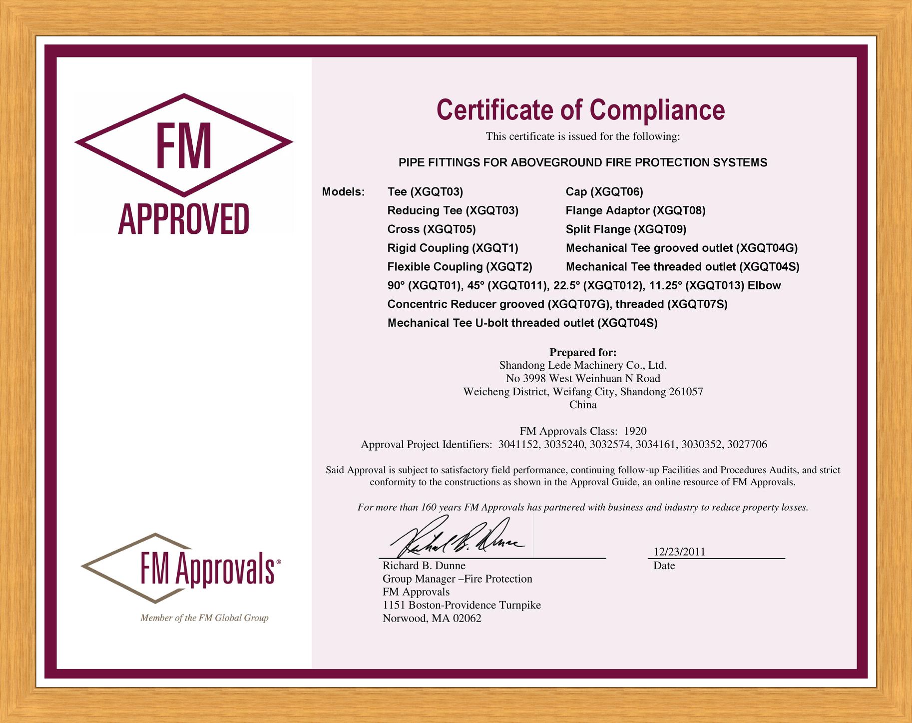 FM Approved sertificate (Fittings and Mechanical tees, Flanges), 2011