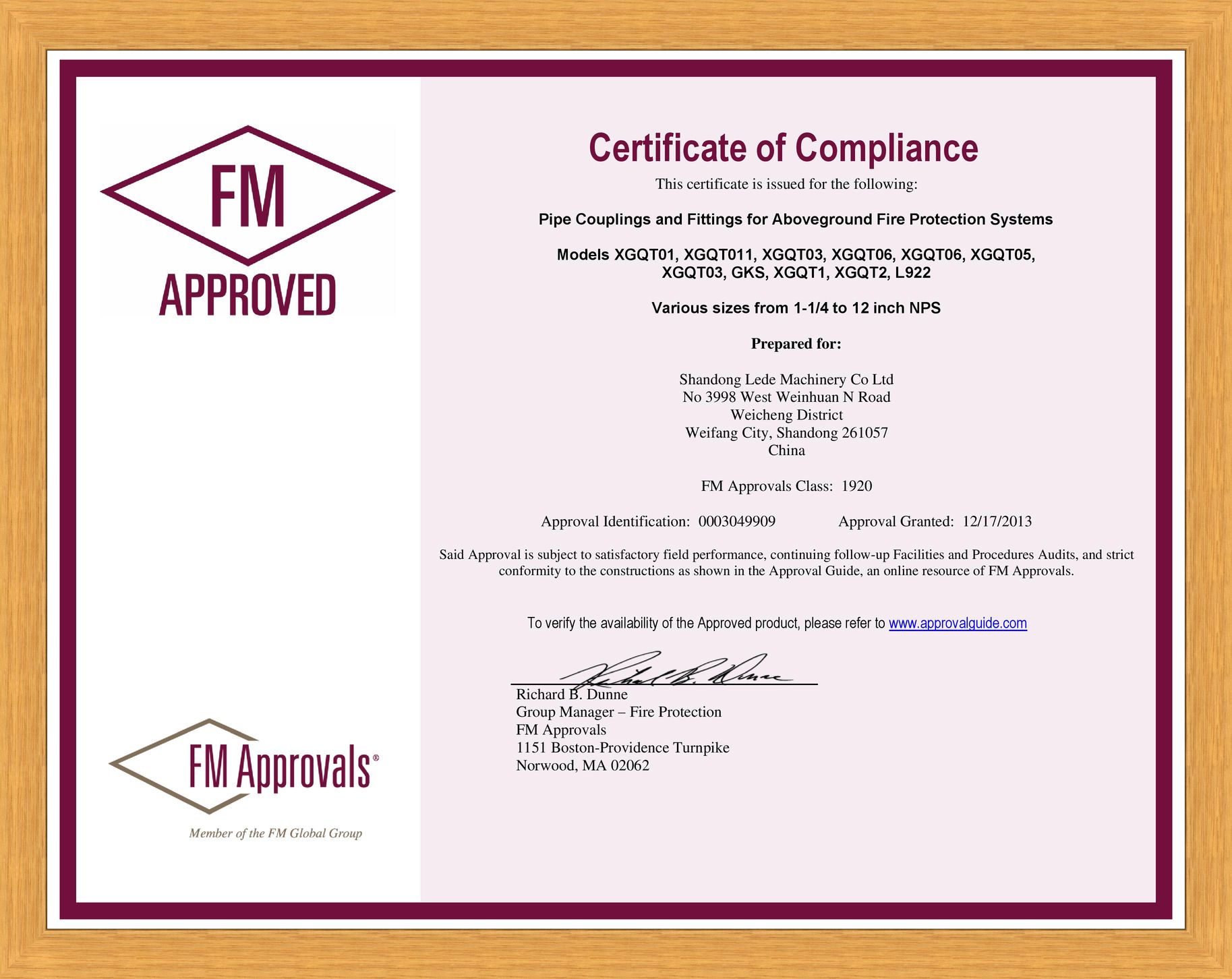FM Approved sertificate (Pipe Couplings and Fittings), 2013