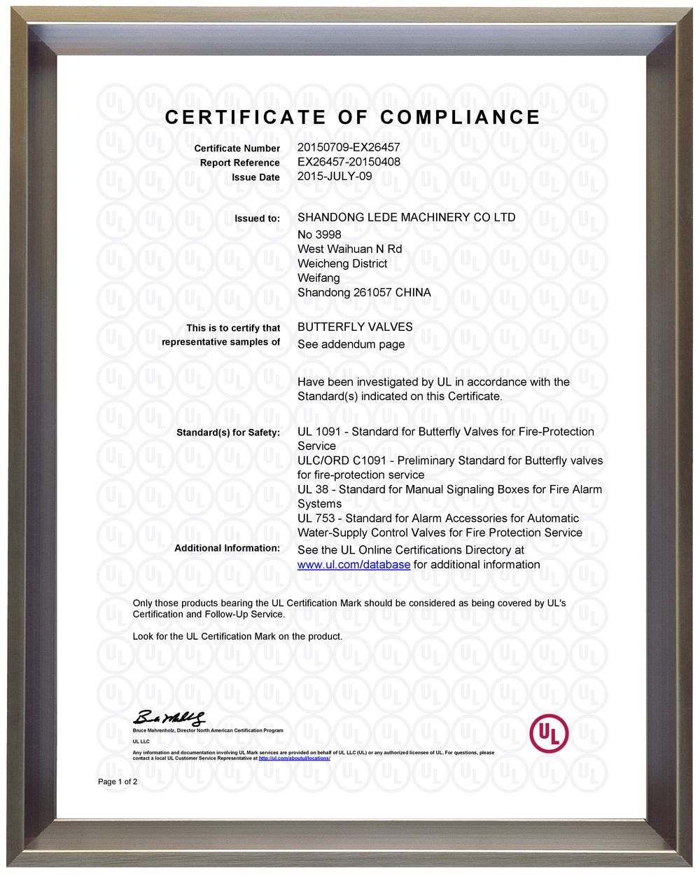 UL and CUL Sertificate (BUTTERFLY VALVES) 1