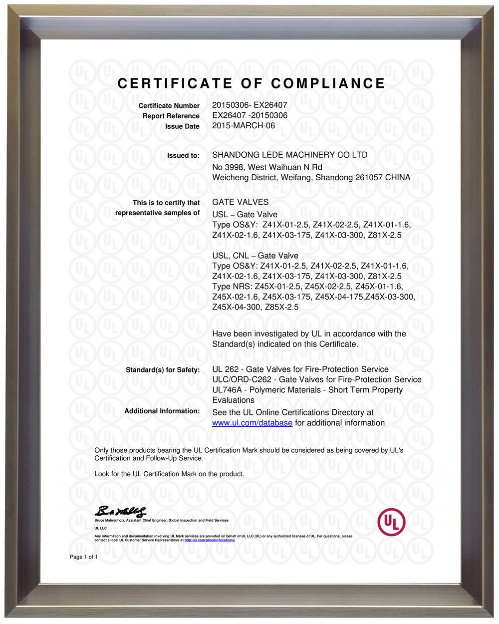 UL and CUL Sertificate (GATE VALVES) 2